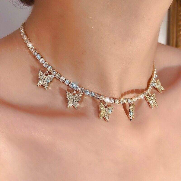 Silver butterfly necklace choker deals